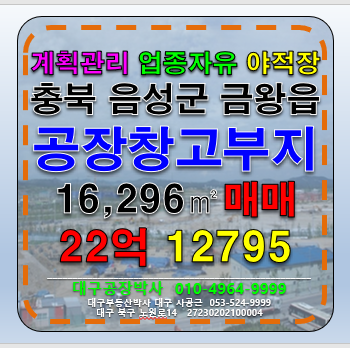 충북 음성군 금왕읍 충청북도 충북 음성군 공장부지 창고부지 야적장부지 토지 땅 매매 급매 매매 매물번호 12795 사진 1