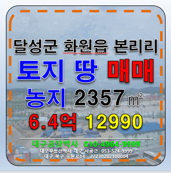 대구 달성군 화원읍 대구광역시 달성군 화원읍 본리리 개발제한구역 농지 답 토지 땅 매매 급매 매매 매물번호 12990 사진 1