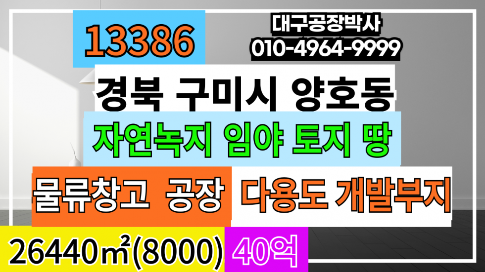 경북 구미시 양호동 경북 구미시 양호동 자연녹지 임야 토지 땅 8000P(야산) 매매 급매 매매 매물번호 13386 사진 1